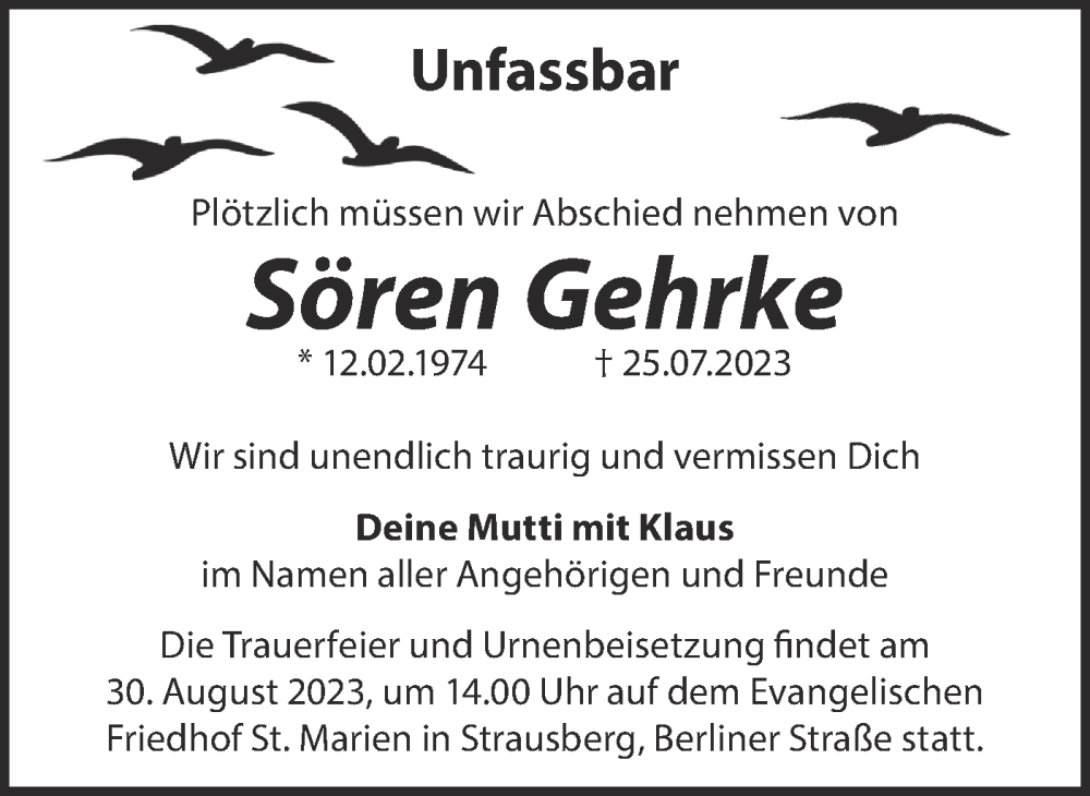  Traueranzeige für Sören Gehrke vom 12.08.2023 aus Märkische Oderzeitung