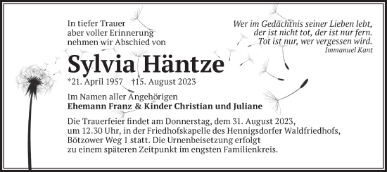 Traueranzeige von Sylvia Häntze von Märkische Oderzeitung