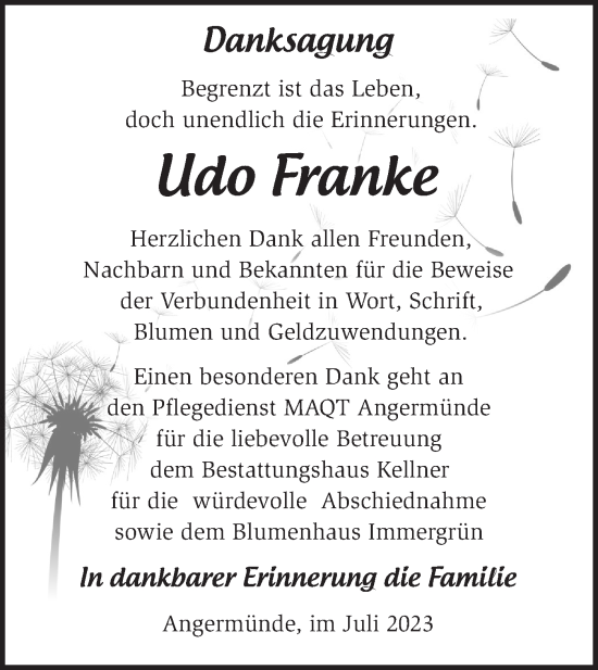 Traueranzeige von Udo Franke von Märkische Oderzeitung