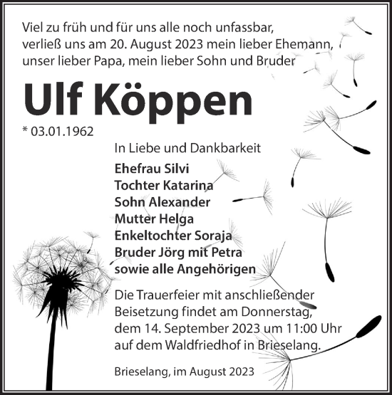 Traueranzeige von Ulf Köppen von Märkische Oderzeitung