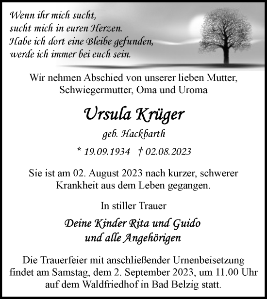 Traueranzeige von Ursula Krüger von Märkische Oderzeitung