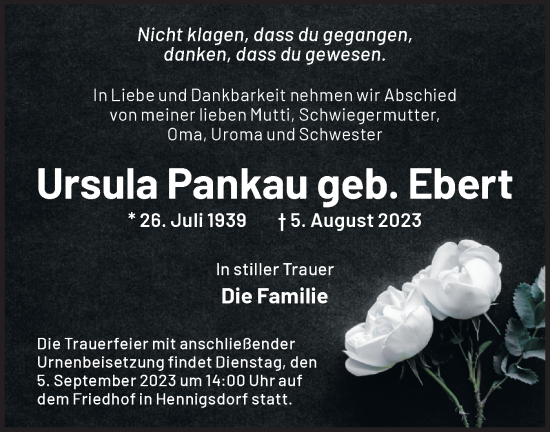 Traueranzeige von Ursula Pankau von Märkische Oderzeitung