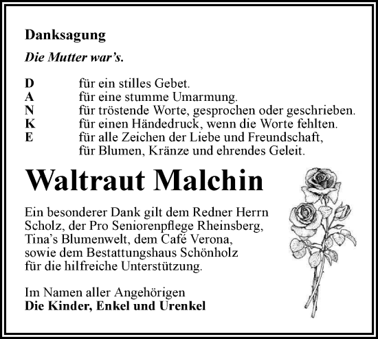 Traueranzeige von Waltraut Malchin von Märkische Oderzeitung