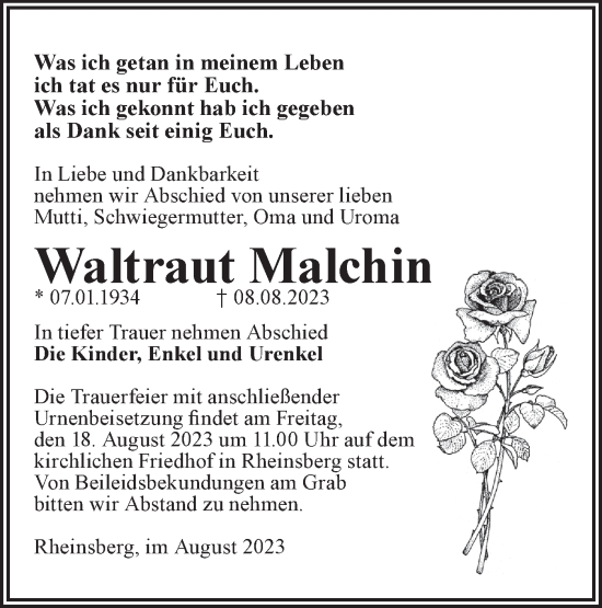 Traueranzeige von Waltraut Malchin von Märkische Oderzeitung