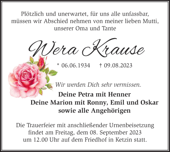 Traueranzeige von Wera Krause von Märkische Oderzeitung