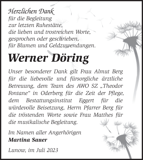 Traueranzeige von Werner Döring von Märkische Oderzeitung