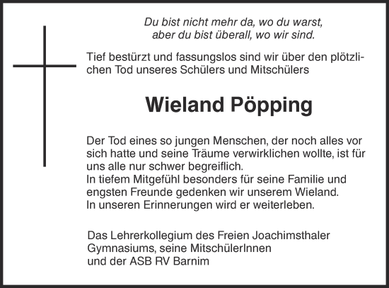 Traueranzeige von Wieland Pöpping von Märkische Oderzeitung