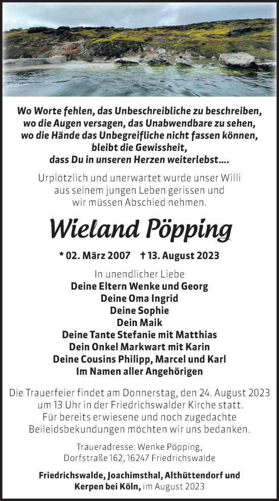 Traueranzeige von Wieland Pöpping von Märkische Oderzeitung