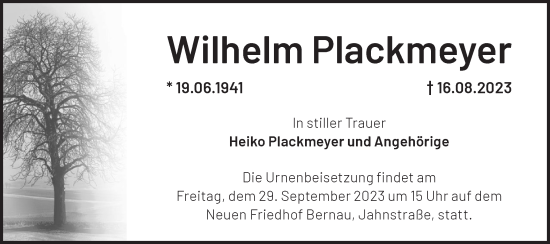 Traueranzeige von Wilhelm Plackmeyer von Märkische Oderzeitung