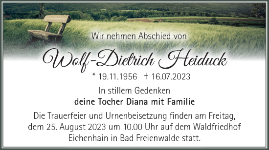 Traueranzeige von Wolf-Dietrich Heiduck von Märkische Oderzeitung