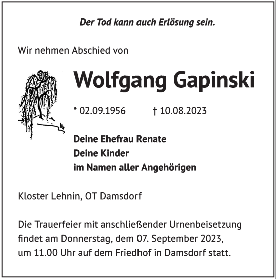 Traueranzeige von Wolfgang Gapinski von Märkische Oderzeitung