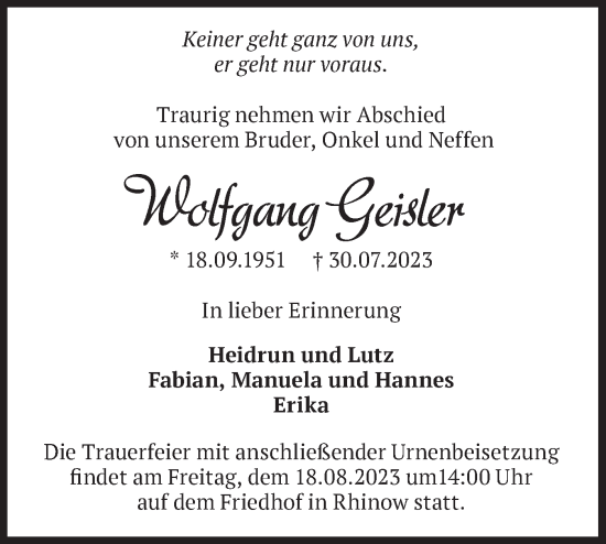 Traueranzeige von Wolfgang Geisler von Märkische Oderzeitung