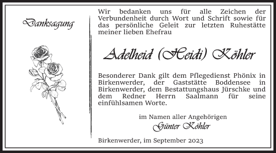 Traueranzeige von Adelheid Köhler von Märkische Oderzeitung