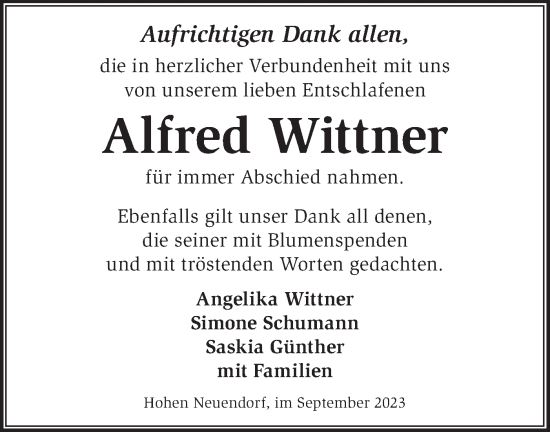 Traueranzeige von Alfred Wittner von Märkische Oderzeitung