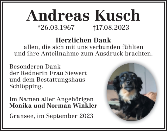 Traueranzeige von Andreas Kusch von Märkische Oderzeitung