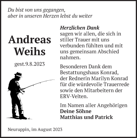 Traueranzeige von Andreas Weihs von Märkische Oderzeitung