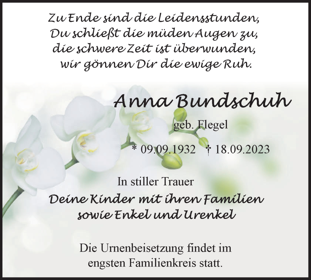 Traueranzeige für Anna Bundschuh vom 30.09.2023 aus Märkische Oderzeitung