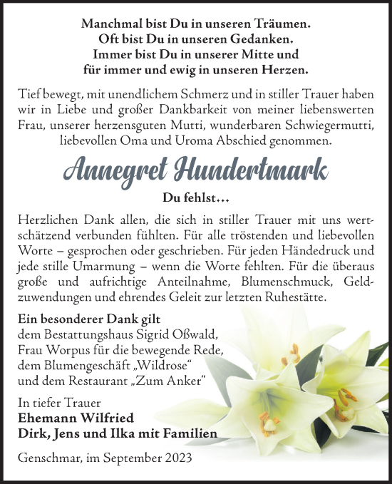 Traueranzeige von Annegret Hundertmark von Märkische Oderzeitung