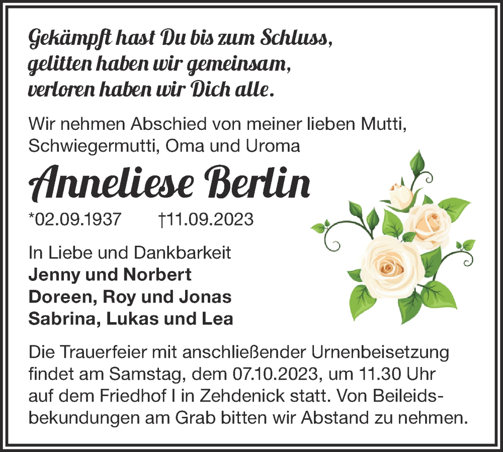  Traueranzeige für Anneliese Berlin vom 23.09.2023 aus Märkische Oderzeitung