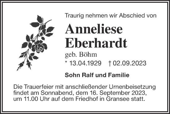 Traueranzeige von Anneliese Eberhardt von Märkische Oderzeitung