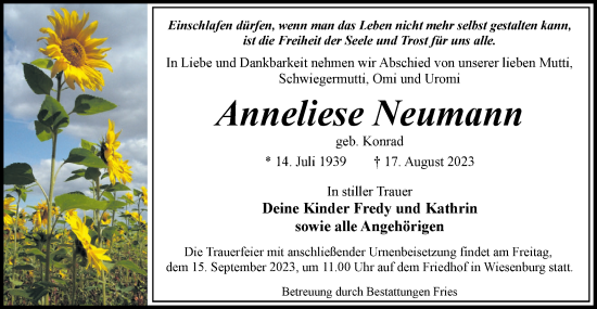 Traueranzeige von Anneliese Neumann von Märkische Oderzeitung