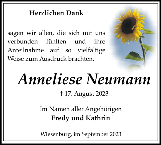 Traueranzeige von Anneliese Neumann von Märkische Oderzeitung