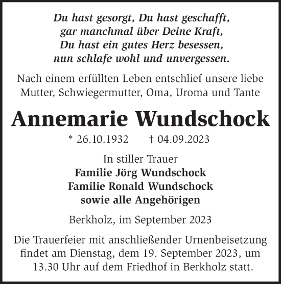 Traueranzeige von Annemarie Wundschock von Märkische Oderzeitung