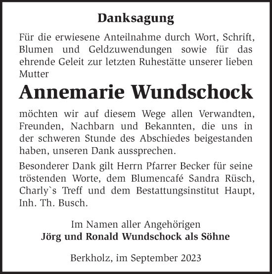 Traueranzeige von Annemarie Wundschock von Märkische Oderzeitung