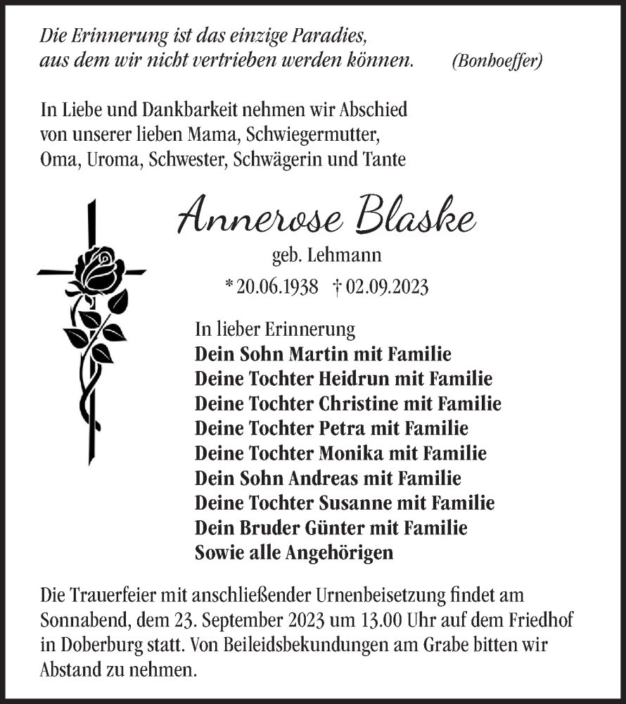  Traueranzeige für Annerose Blaske vom 16.09.2023 aus Märkische Oderzeitung