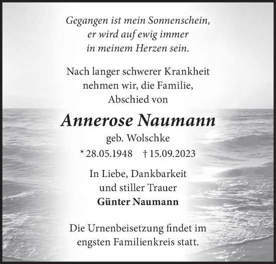 Traueranzeige von Annerose Naumann von Märkische Oderzeitung