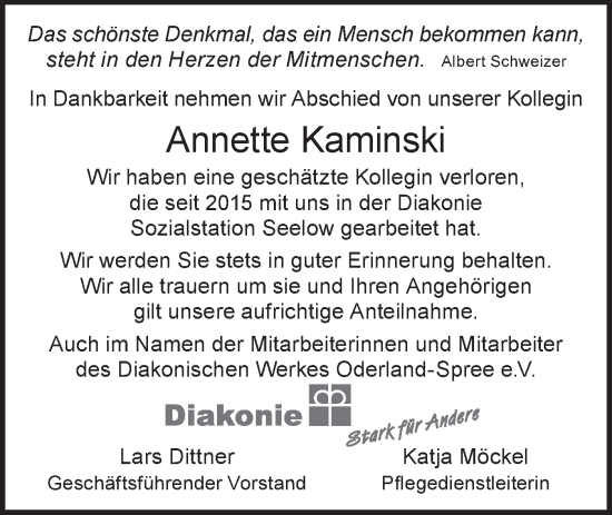 Traueranzeige von Annette Kaminski von Märkische Oderzeitung