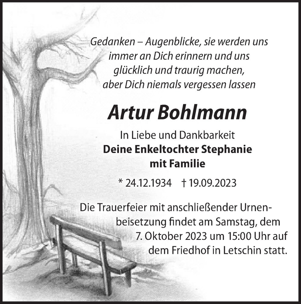  Traueranzeige für Artur Bohlmann vom 23.09.2023 aus Märkische Oderzeitung