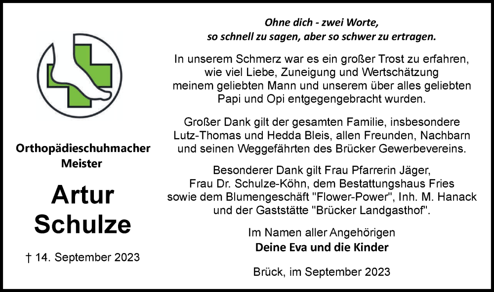 Traueranzeige für Artur Schulze vom 30.09.2023 aus Märkische Oderzeitung