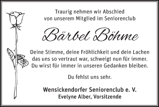 Traueranzeige von Bärbel Böhme von Märkische Oderzeitung