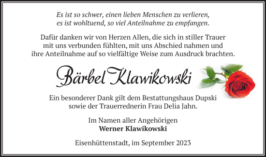 Traueranzeige von Bärbel Klawikowski von Märkische Oderzeitung