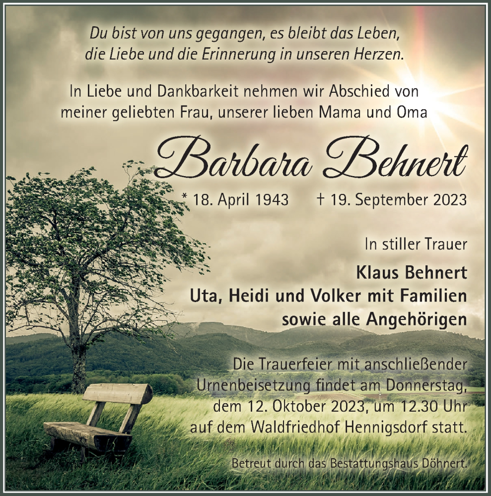  Traueranzeige für Barbara Behnert vom 30.09.2023 aus Märkische Oderzeitung