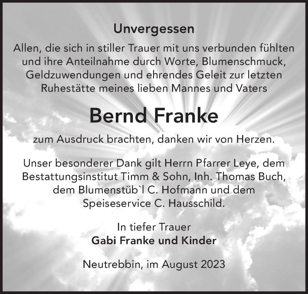  Traueranzeige für Bernd Franke vom 05.09.2023 aus Märkische Oderzeitung