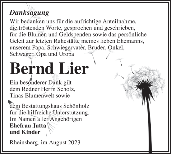 Traueranzeige von Bernd Lier von Märkische Oderzeitung