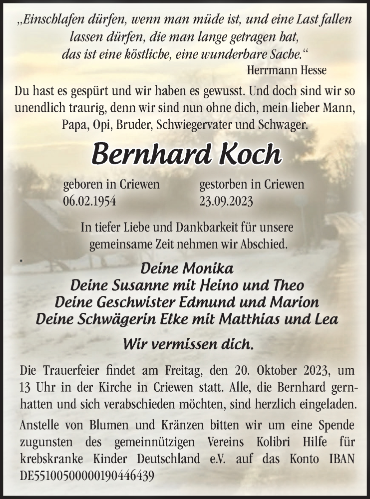  Traueranzeige für Bernhard Koch vom 30.09.2023 aus Märkische Oderzeitung