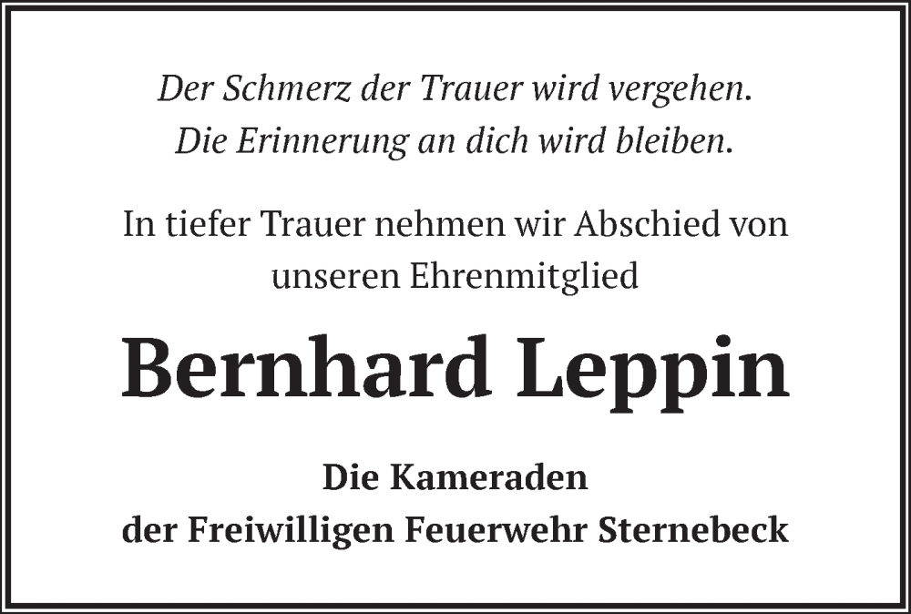 Traueranzeigen von Bernhard Leppin Märkische Onlinezeitung Trauerportal