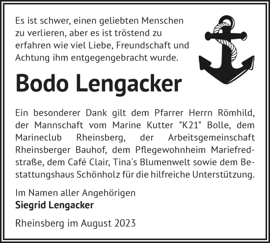 Traueranzeige von Bodo Lengacker von Märkische Oderzeitung