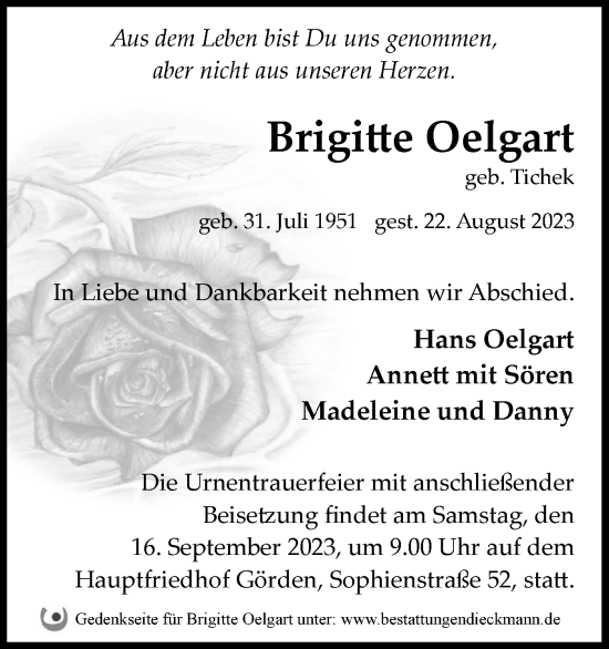 Traueranzeige von Brigitte Oelgart von Märkische Oderzeitung