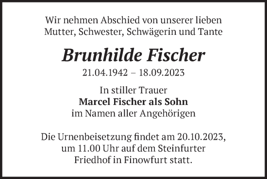 Traueranzeige von Brunhilde Fischer von Märkische Oderzeitung