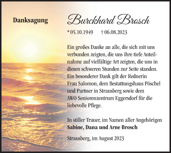 Traueranzeige von Burckhard Brosch von Märkische Oderzeitung