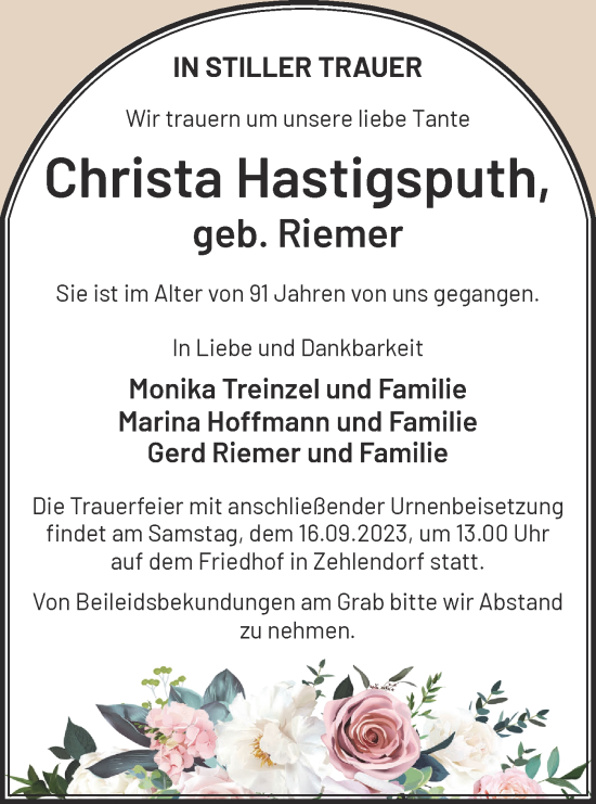 Traueranzeige von Christa Hastigsputh von Märkische Oderzeitung