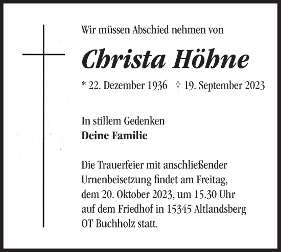 Traueranzeige von Christa Höhne von Märkische Oderzeitung