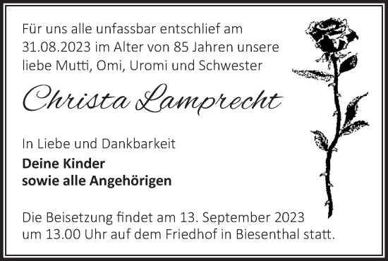 Traueranzeige von Christa Lamprecht von Märkische Oderzeitung