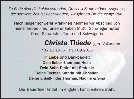 Traueranzeige von Christa Thiede von Märkische Oderzeitung