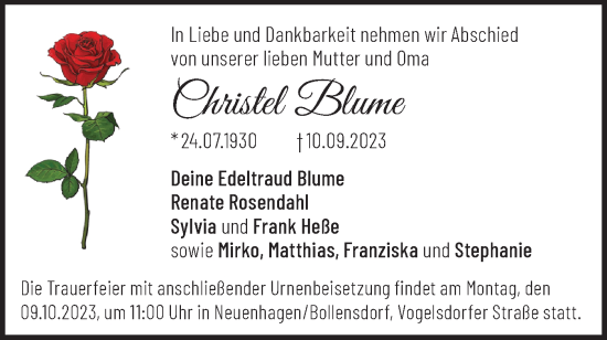 Traueranzeige von Christel Blume von Märkische Oderzeitung