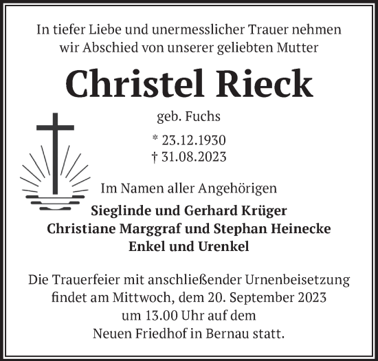 Traueranzeige von Christel Rieck von Märkische Oderzeitung